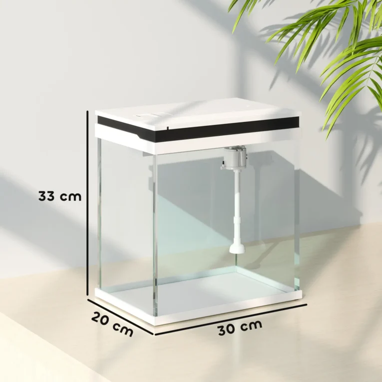 Compact Glass Aquarium with Pump and LED Lighting – White, 14L