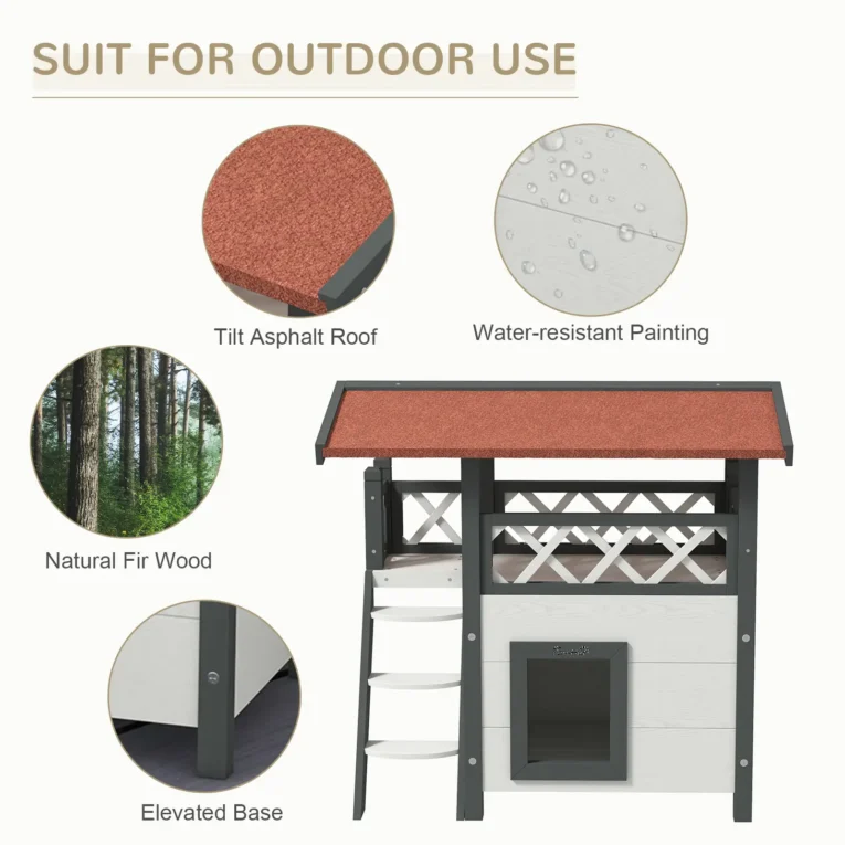 Two-Level Outdoor Cat House with Balcony and Steps – White