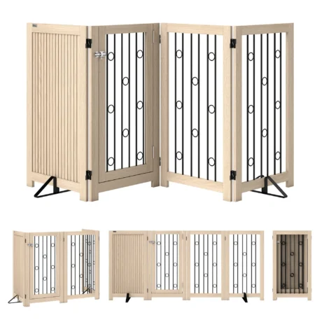 Four-Panel Folding Dog Gate with Door &ndash; Oak Tone, 91.5cm High