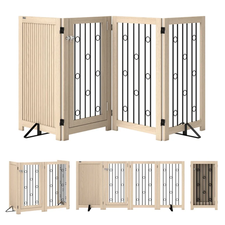 Four-Panel Folding Dog Gate with Door – Oak Tone, 91.5cm High