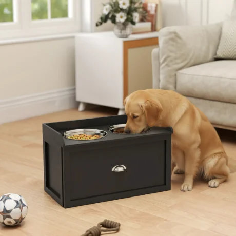 Raised Double Dog Feeder with 21L Drawer – Black