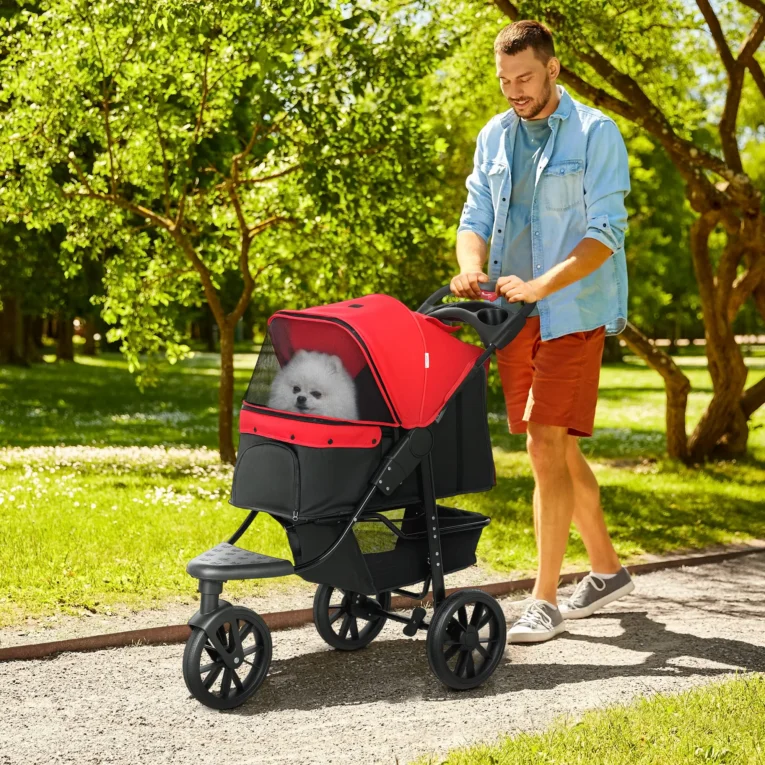 Dog Stroller 3-Wheel Pushchair for Small Pets – Red and black