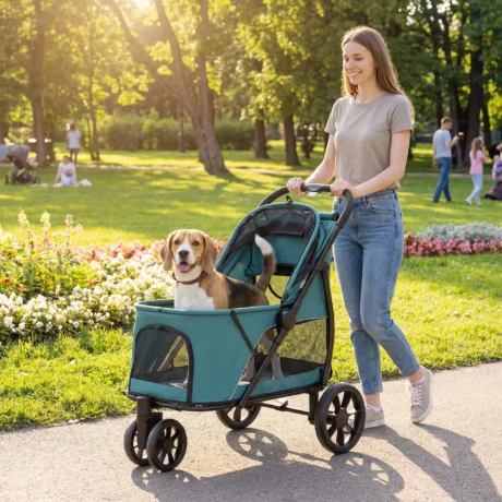 Three-Wheel Dog Stroller with Dual Entry – Dark Green, 20kg