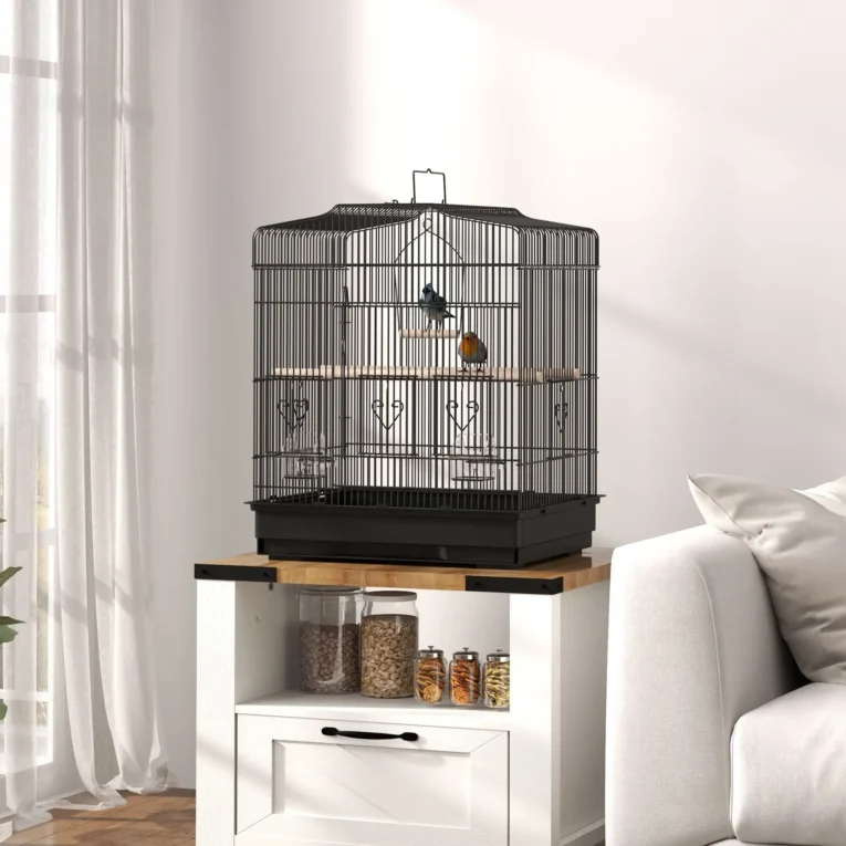 Metal Bird Cage with Perches, Bowls and Swing – Black, 59cm High Metal Bird Cage with Perches, Bowls and Swing – Black, 59cm High