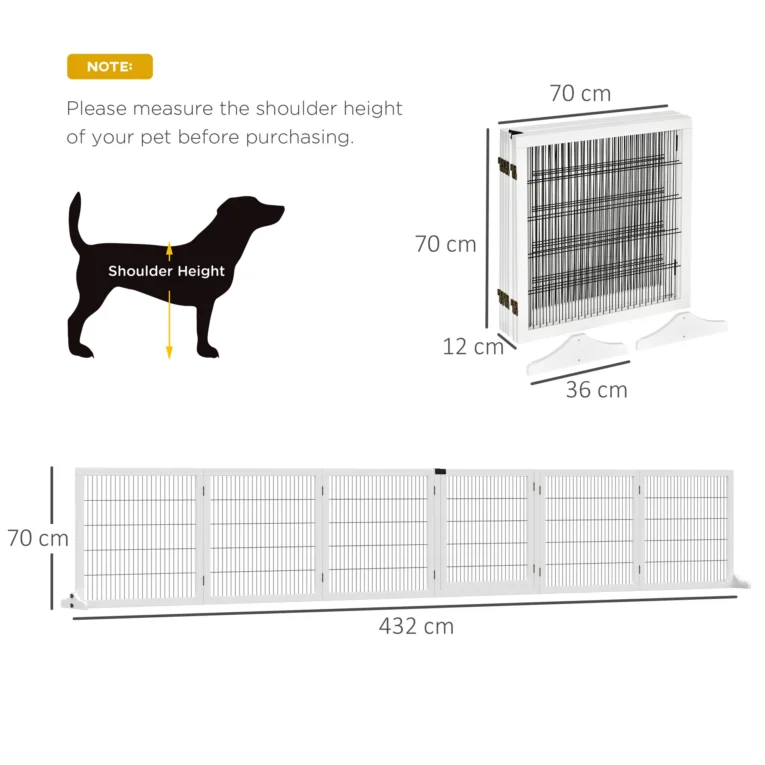 Six-Panel Folding Wooden Pet Gate – White, 70cm