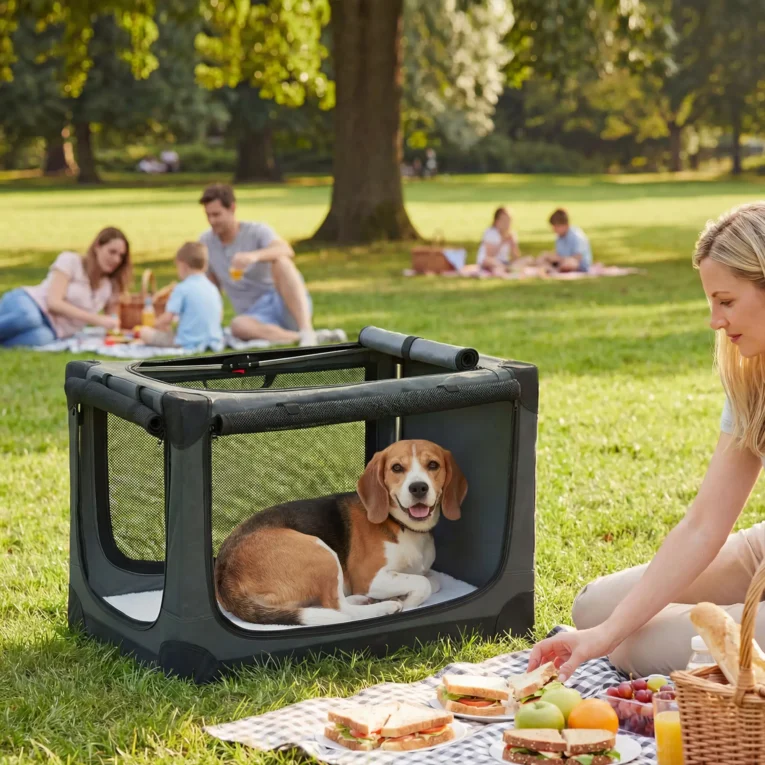 Folding Fabric Dog Travel Crate with Cushion – Army Green, 76cm