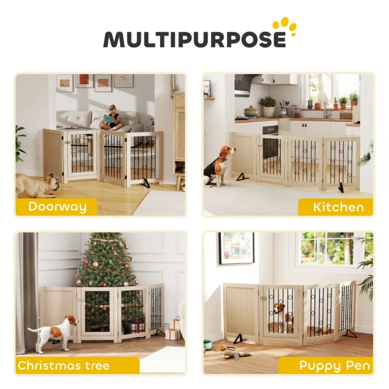 Four-Panel Folding Pet Gate with Door – Oak Tone, 70cm High