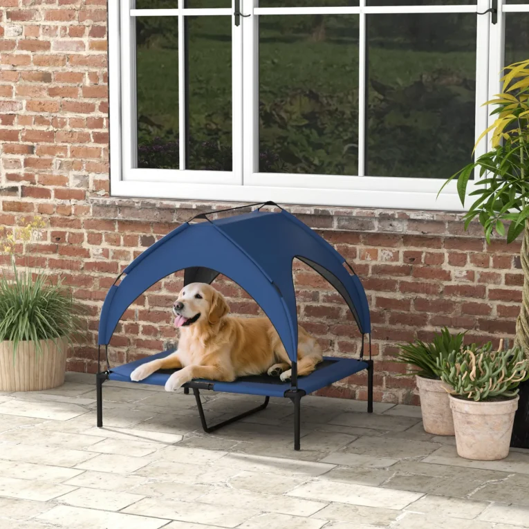 Raised Dog Bed with Canopy – Dark Blue, 91 × 76cm