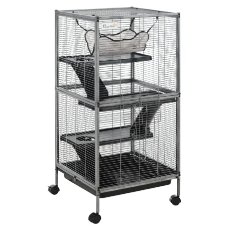 Four-Level Small-Animal Cage with Wheels and Hammock – Silver