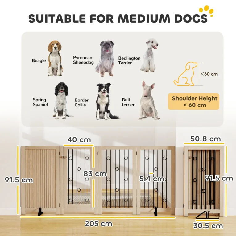 Four-Panel Folding Dog Gate with Door – Oak Tone, 91.5cm High