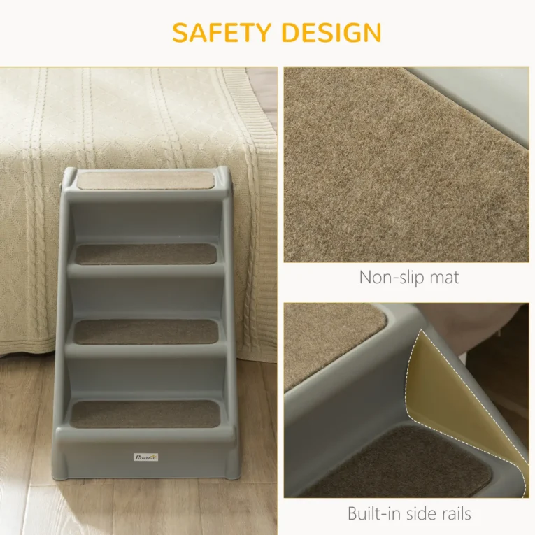 Folding Four-Step Pet Stairs with Carpet Treads – Grey