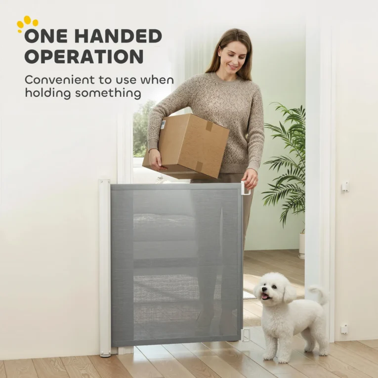 Retractable Fabric Pet Gate – White and Grey, 115cm