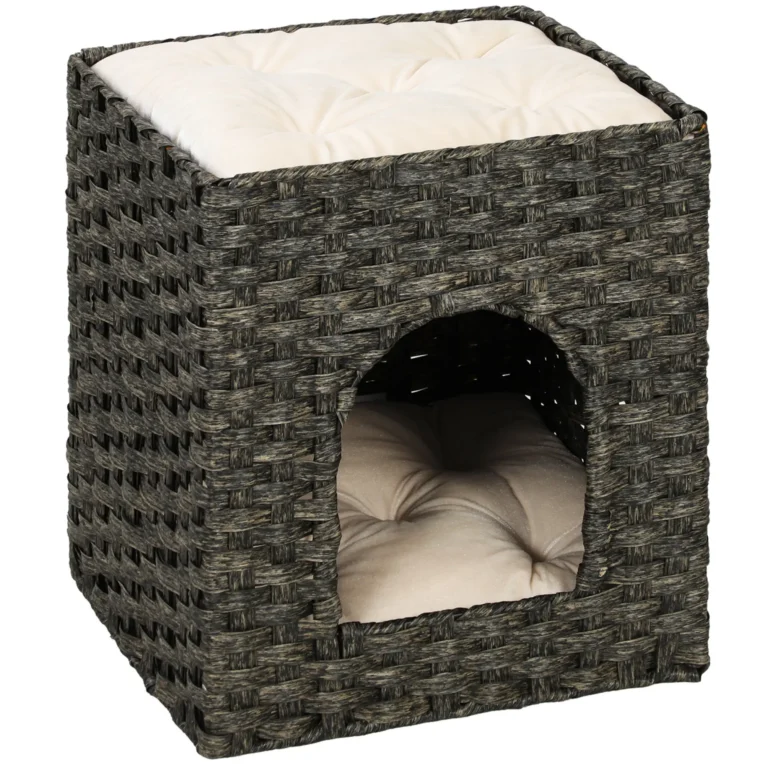 2-Tier Rattan Cat House Indoor Bed Washable Cushions – Grey, Beige