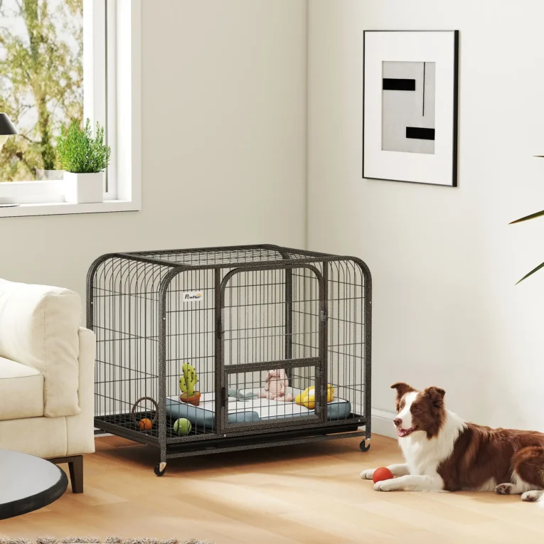 Steel Dog Crate with Feeding Door, Opening Top and Wheels – Black Steel Dog Crate with Feeding Door, Opening Top and Wheels – Black
