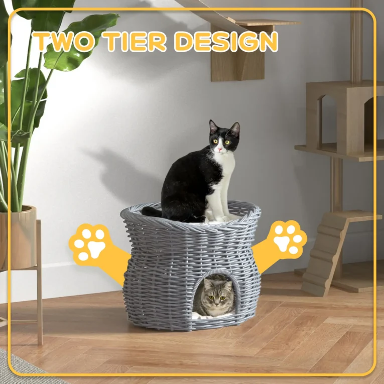 Two-Level Wicker Cat Bed with Cushions – Grey, 56cm
