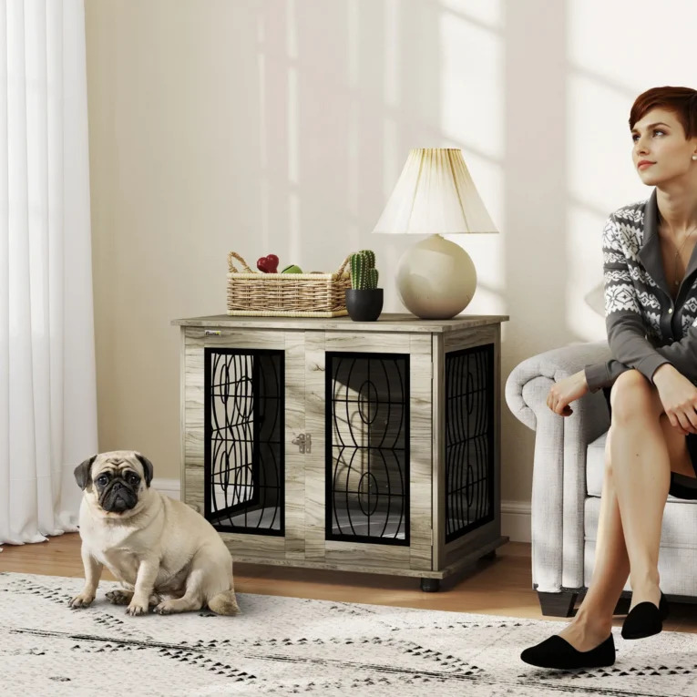 Indoor Dog Crate End Table with Cushion – Grey wood effect