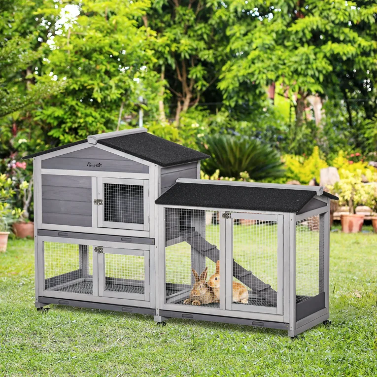 Two-Level Rabbit Hutch with Side Run – Grey
