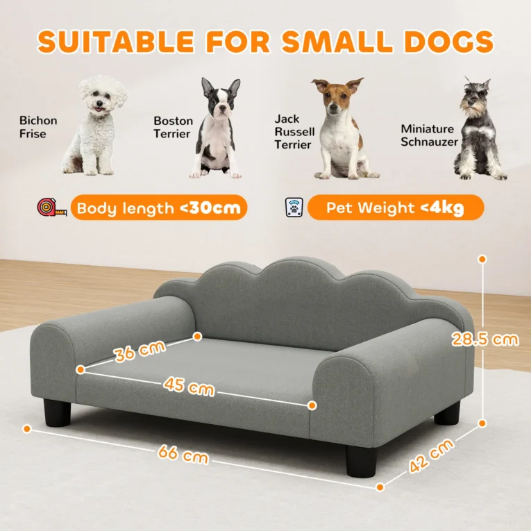 Raised Pet Sofa with Padded Back and Arms – Grey, 66cm Raised Pet Sofa with Padded Back and Arms – Grey, 66cm