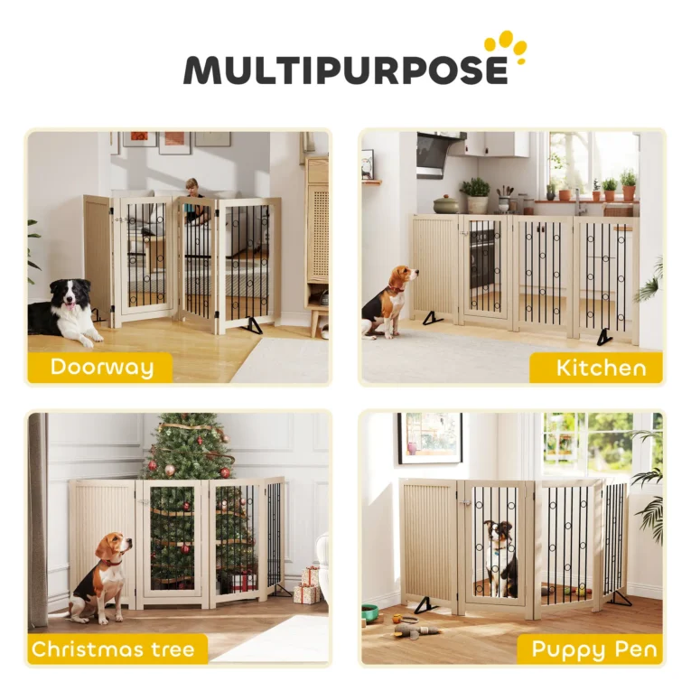 Four-Panel Folding Dog Gate with Door – Oak Tone, 91.5cm High