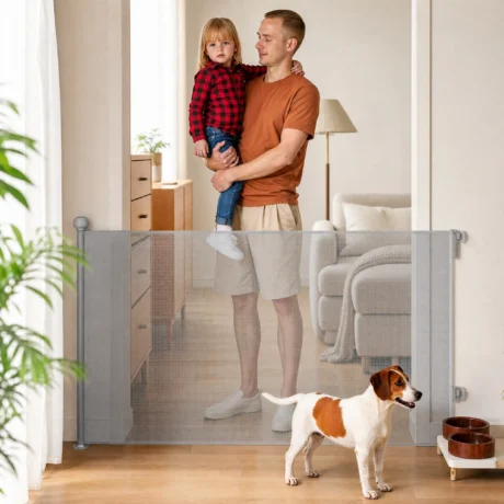 Retractable Pet Gate for Household Openings – Grey, 140cm