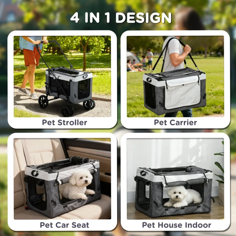 Folding Pet Stroller with Detachable Carrier – Grey, 10kg