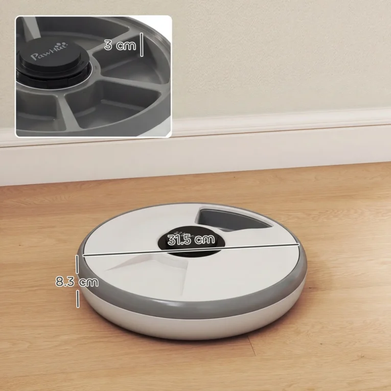 Six-Meal Timed Pet Feeder with Removable Tray – Grey and White