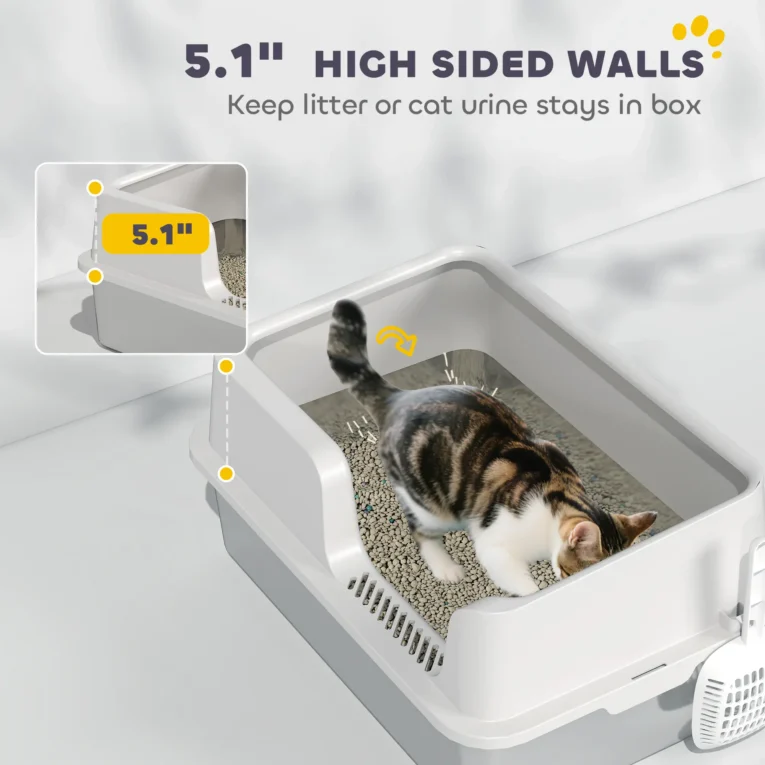 High-Sided Steel Cat Litter Tray with Removable Rim – Light Grey