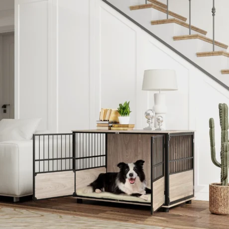 100cm Dog Crate End Table with Cushion for Large Dogs &ndash; Walnut Wood Finish, Black &ndash; product view 2