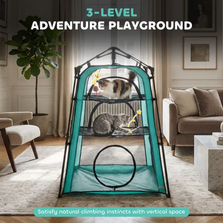 Three-Level Folding Cat Tent with Carry Bag – Green and Black Three-Level Folding Cat Tent with Carry Bag – Green and Black