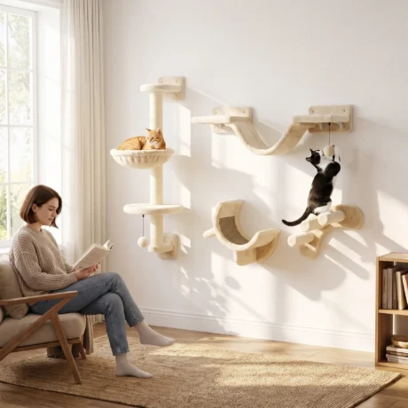 Four-Piece Cat Wall Climbing Set with Hammock &ndash; Beige &ndash; detail 2