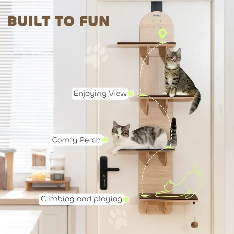 Four-Level Over-Door Cat Shelf with Washable Pads – Oak Tone Four-Level Over-Door Cat Shelf with Washable Pads – Oak Tone