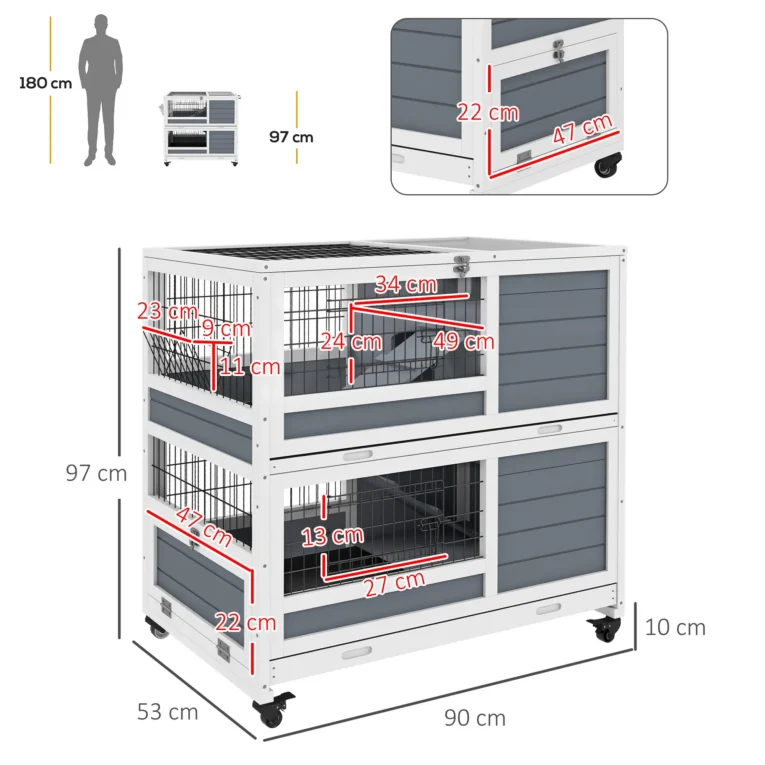 Wheeled Two-Level Rabbit Hutch – Grey and White