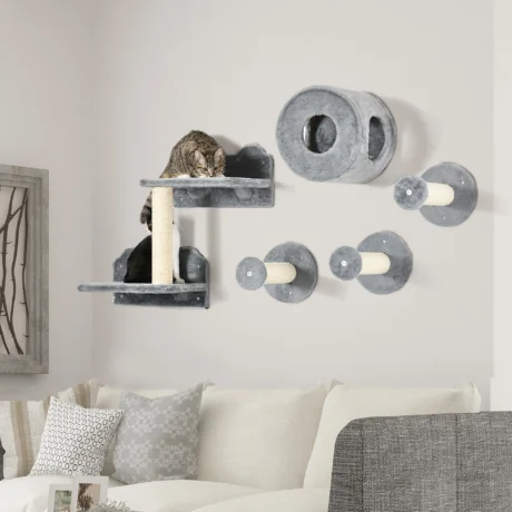 Five-Piece Cat Wall Furniture with Den and Perches – Grey