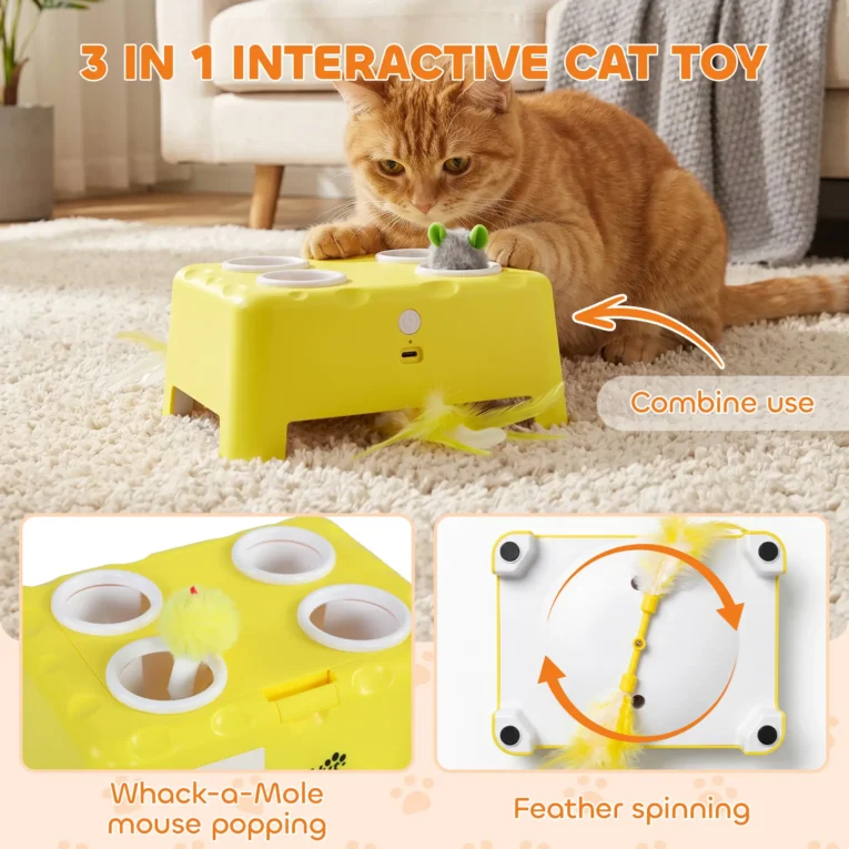 3-in-1 Interactive Cat Toy Rechargeable Indoor Mouse – Yellow, White 3-in-1 Interactive Cat Toy Rechargeable Indoor Mouse – Yellow, White