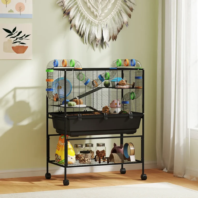 Three-Level Small-Animal Cage with Storage Shelf – Black, 106.5cm High