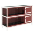 Two-Tier Wooden Rabbit Hutch with Twin Trays – Brown and White