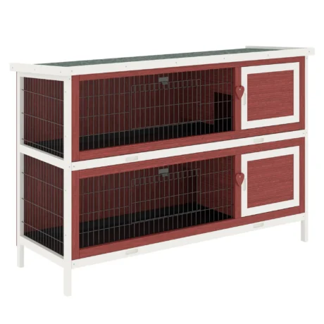 Two-Tier Wooden Rabbit Hutch with Twin Trays – Brown and White