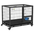 Steel Dog Crate with Wheels, Bowl Holder and Tray – Black, 92cm