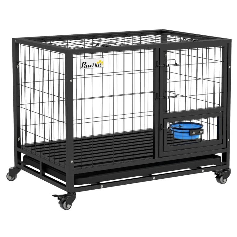 Steel Dog Crate with Wheels, Bowl Holder and Tray – Black, 92cm