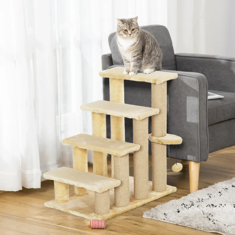 Four-Step Cat Stairs with Play Platform – Beige, 64cm