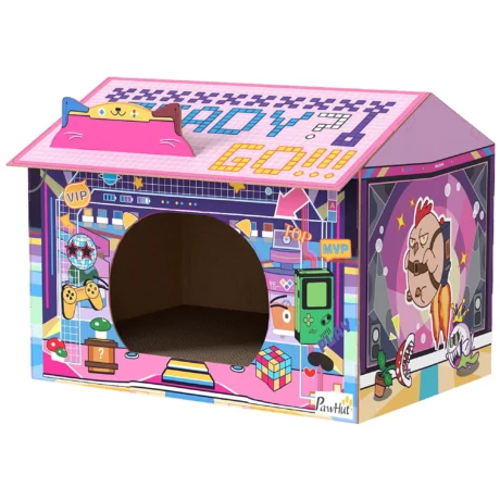 Gaming-Style Cardboard Cat Hideaway with Scratching Base &ndash; Pink