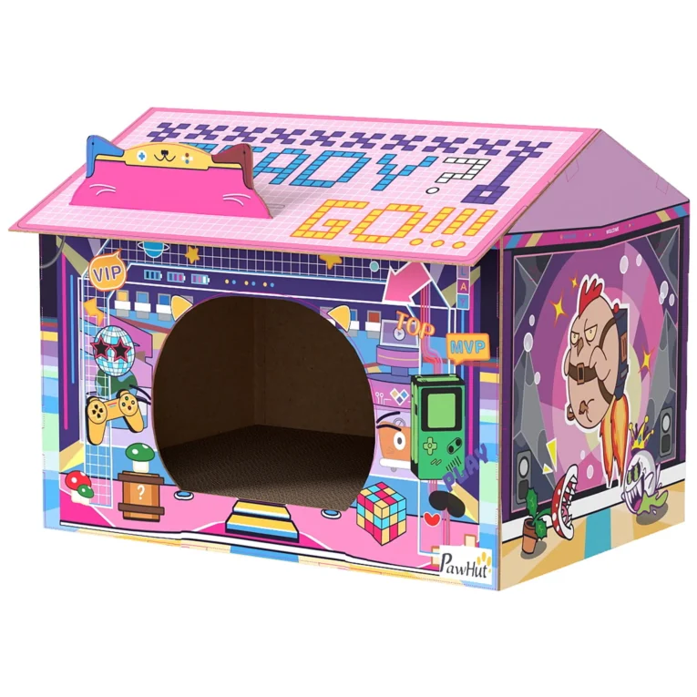 Gaming-Style Cardboard Cat Hideaway with Scratching Base – Pink Gaming-Style Cardboard Cat Hideaway with Scratching Base – Pink