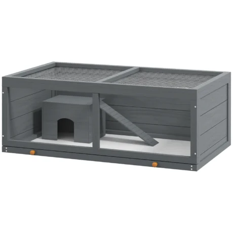Wooden Rodent Enclosure with Hut and Sliding Tray &ndash; Grey, 100cm