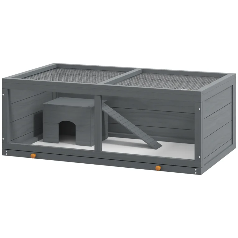 Wooden Rodent Enclosure with Hut and Sliding Tray – Grey, 100cm Wooden Rodent Enclosure with Hut and Sliding Tray – Grey, 100cm