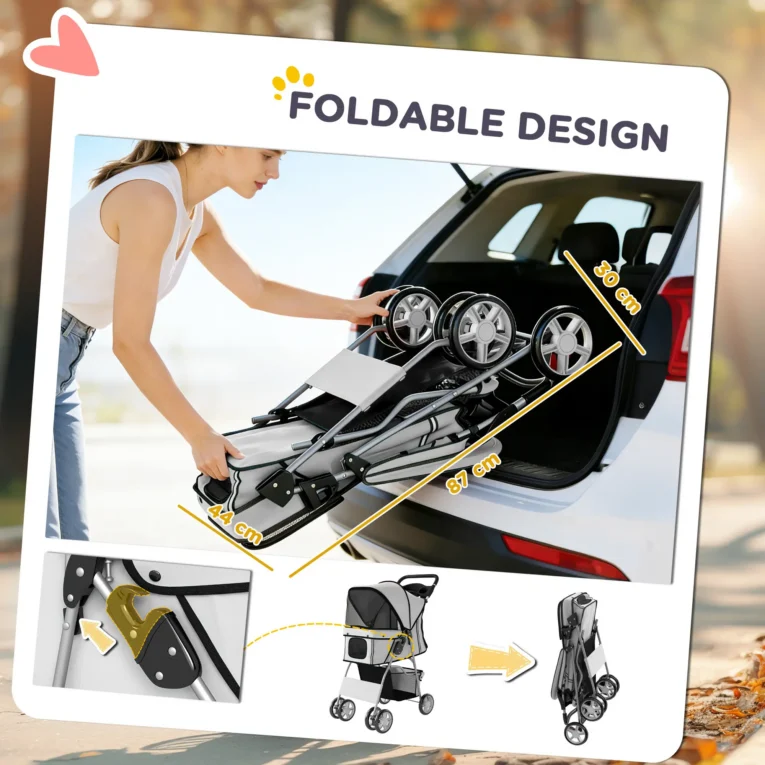 Folding Pet Stroller with Reflective Strips and Basket – Grey