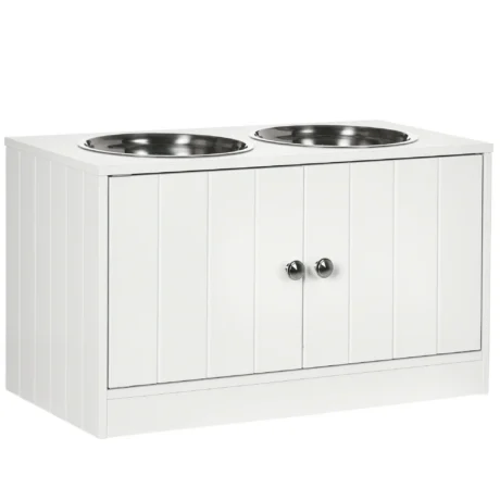 Raised Double Dog Feeder with Storage Cupboard – White