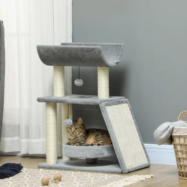 Compact Cat Tower with Scratching Ramp and Curved Perch – Grey, 76cm