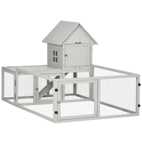 Indoor Rabbit Hutch with Fenced Exercise Section – Light Grey