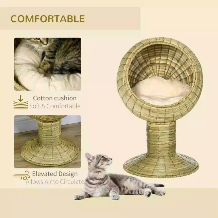Raised Woven-Grass Cat Cave with Cushion – Yellow, 69cm