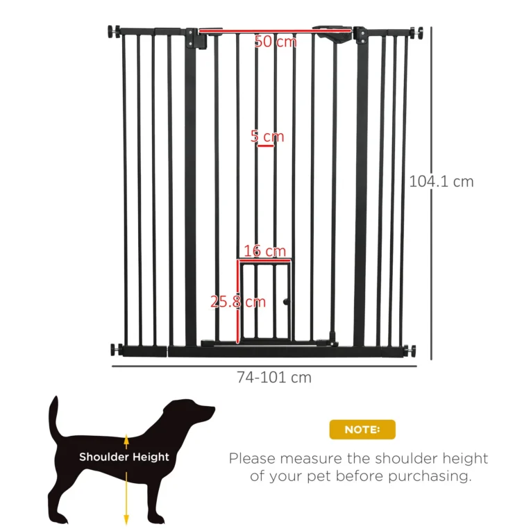 Extra-Tall Pet Gate with Cat Flap – Black, 74–101cm